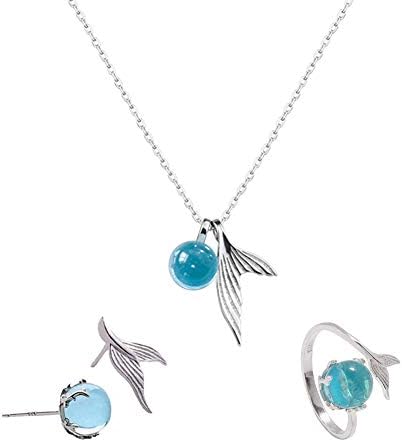 LOVEgrace_Jewelry4 Pcs Mermaid Necklace Ring Studs Sets, S925 Silver Mermaid Bracelet Whale Fluke Pendant Fish Tail Necklace Gifts for Mermaid & Starfish Lovers, Charm Pendant Ocean Sea Jewelry (Mermaid Pendant)