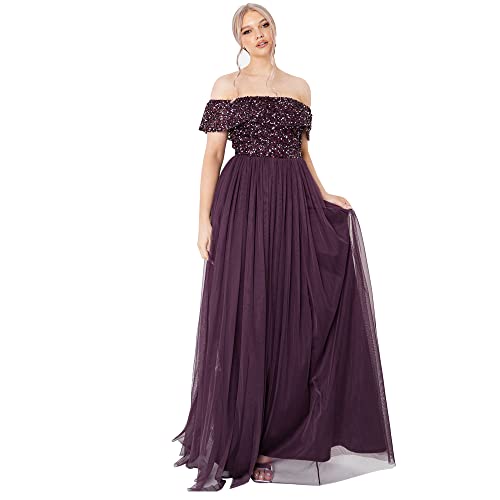Maya Deluxe Vestido Bardot para Mujer, Maxi Adornado, Cintura Imperio, sin Mangas, Tul para Invitados de Boda, graduaciĂłn Dama de Honor, Frutas del Bosque, 38