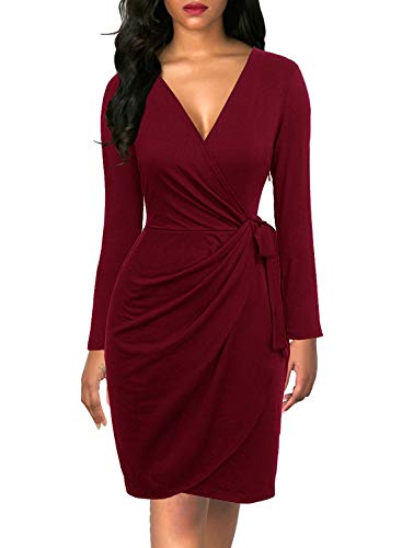 Women's Black Wrap Dress Sexy Deep V Neck Long Sleeve Knee-Length Cocktail Party Dresses