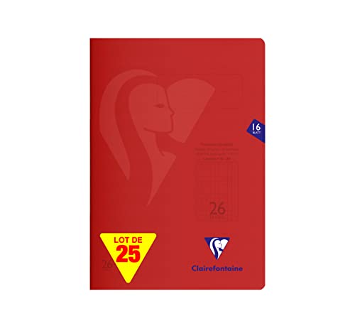 Clairefontaine 333226C - One Pack of 25 Schoolbook Notebooks, Ideal for School, DIN A4, 32 Pages, 90 g, Square Ruled with Margin, PP Cover, Red, 1 Pack