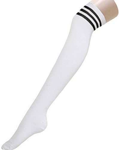 PYD Women Girls Sexy Cotten Over Knee Stockings Thigh High Triple Striped Tube Dresses Socks White