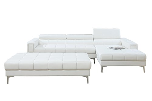 Poundex F7364 Bobkona Hayden Bonded Leather Sectional with Adjustable Back, White