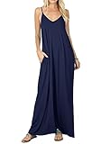CALIPESSA Womens Summer Pockets Casual Plain Swing Maxi Tank Dress Deep Blue XL