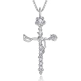 AulanRose Gold Cross Necklace for Women,Rose Necklace Anniversary Birthday Gifts for Wife Her Mom,14K Gold/18K White Gold Womens Christian Jewelry with Diamond Birthstone Pendant Necklaces