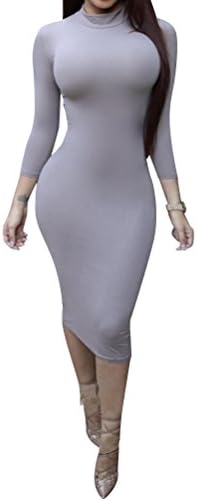 Laiyuan Women Turtleneck Long Sleeve Slim Bodycon Wrap Tunic Pencil Midi Dress 2XL Grey