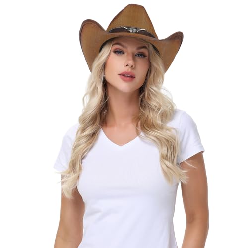 WQWOVRVO Cowboy Hat,Cowgirl Hat,Western Cowboy Hats for Women/Mens/Straw Wide with Shapeable Brim Cowboy Hat for Womens