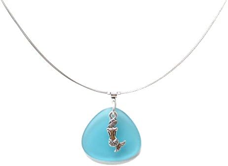 Solares Light Aqua Sea Glass Style Wire Necklace with Mermaid Charm