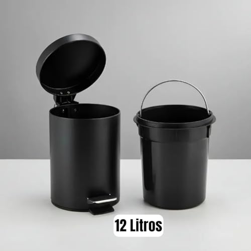 Lixeira com Pedal 12 Litros em Aço Inox, Cesto Interno Removível, Tampa Basculante, Alça para Transporte, Lixeira para Banheiro, Cozinha e Lavabo – Preto, Branco ou Inox