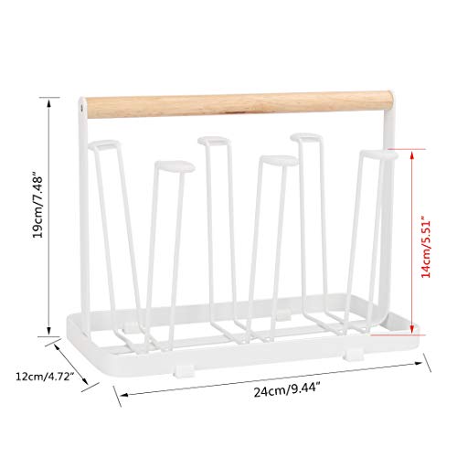 Cup Drying Rack Stand, 6 Cup Metal Drainer Holder Rack Non-Slip Mugs Cups Organizer with Wood Handle, White