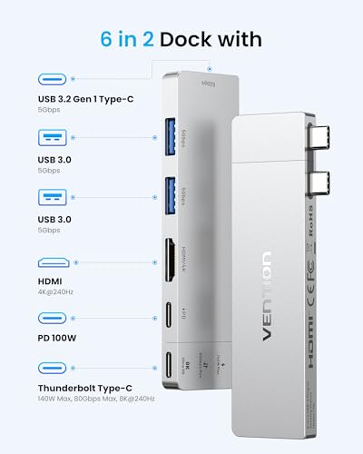 VENTION MacBook USB Adapter, 6-in-2 Mac Hub with Dual USB C, Removable Magnetic USB-C Connector, PD 140W / 8K @ 240Hz / 80Gbps Max, Compatible with All Laptops/iPads, Silver