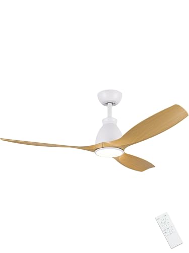 Newday Wooden Ceiling Fan with 3 Blades, 132 cm Ceiling Fan with Light and Silent Remote Control, Reversible DC Motor, Dimmable LED, Sleep Mode, Timer for Living Room