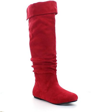 DA VICCINO TOP-01 Women's Slouch Side Zipper Flat Fold Cuff Knee High Boots, Color:RED, Size:7