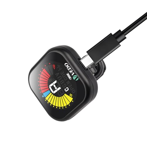 VEDO Afinador Recarregável para Violão, Guitarra, Baixo e Ukulele - Display LCD de Alta Precisão, Sintonizador Cromático Clip-On com Bateria de Longa Duração e Cabo USB Tipo-C