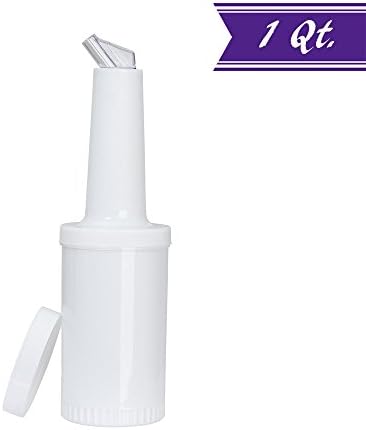 Tezzorio Store N Pour 1 Qt. Bottle with White Pour Spout and Cap, 32 oz Flow-N-Stow Fruit Juice Liquor Bar Storage Containers, Professional Bartender Supplies