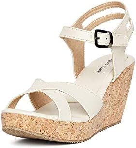 MarcLoire Women Wedge Heels, Girls Fashion Sandals, Open Toe Wedge Sandals, Buckle Type Heels - Height 4 Inches, Synthetic, Cream