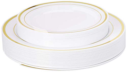 Plastic Dinnerware Set – TrueLook Tableware! 24 Disposable Plates, Cups, Flutes, Napkins, Napkin Rings and Silverware - White and Gold Plastic Plates for Parties, Wedding, Fancy Dinner Occasions - Thumbnail 3
