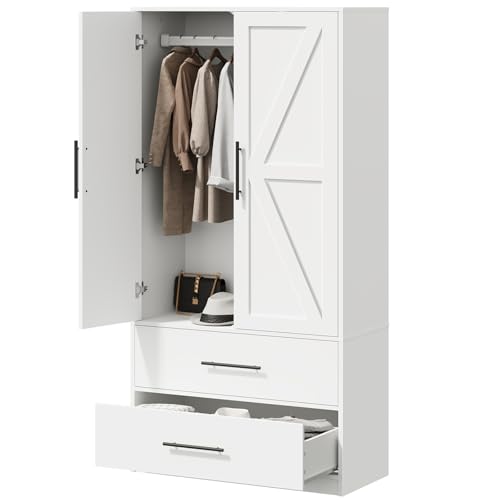 HOOBRO Armoire Wardrobe Closet with 2 Drawers, 180 cm Tall Wardrobe Cabinet with Hanging Rod, 2 Doors Bedroom Armoires, Farmhouse Clothing Storage Cabinet, Wooden Wardrobe for Bedroom, White WT180CW01