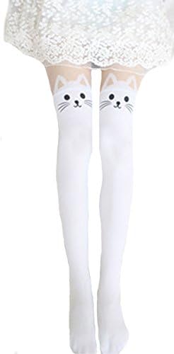 TZSJGL Womens Mock Thigh High Tights Black/White Cat Tail Pattern Printed Pantyhose