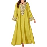 OSCORP Women's Long Sleeve V Neck Kaftan Maxi Dress Loose Fit Bohemian Ethnic Print Casual Vacation Long Dress