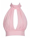 PERSUN Women's Pink Plunge High Neck Lace Backless Bikini Crop Top