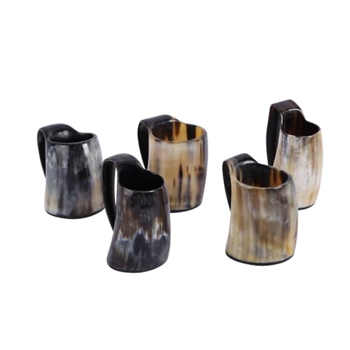 Handicrafts Home Viking Drinking Horn Mug Set of 5, Real Natural Ox Horn Beer Mug with Handle, Handmade Medieval Viking Horn Drinking Mug for Mead, Beer & Wine, Unique Viking Gifts for Men (5 oz)