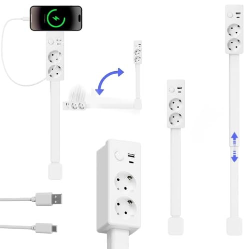 180° Swivel Extendable Power Strip 45-71 cm with 2 Outlets USB-A and USB-C, Extension Plug for Bedside, Desk, Sofa and Office