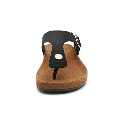 Women's T-Strap Thong Sandals Buckle Slip On Flip-Flops Beach Casual Platform Footbed Slippers (7, Black)