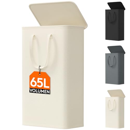 65L Wäschekorb Schmal mit Deckel, Wäschekorb Waschenkorbe Faltbar Klein, Wäschesammler mit Griffen, Wäschebox Laundry Baskets für Waschküche Schlafzimmer, Badezimmer, Weiß, 1 Packungen