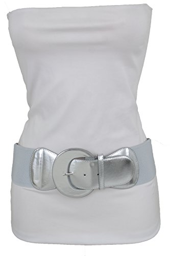 TFJ Women Fashion Belt Hip Elastic Waist Faux Leather Fabric XS S M Metallic Silver