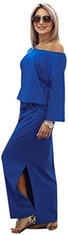 Kaitobe Womens Long Sleeve Maxi Dress Casual Solid O-Neck Cold Shoulder Side Slit Evening Party Boho Dress with Pocket