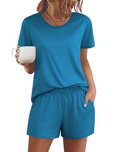 Ekouaer Women's Pajama Sets Short Sleeve Tops and Shorts Pjs Blue Green S at Amazon