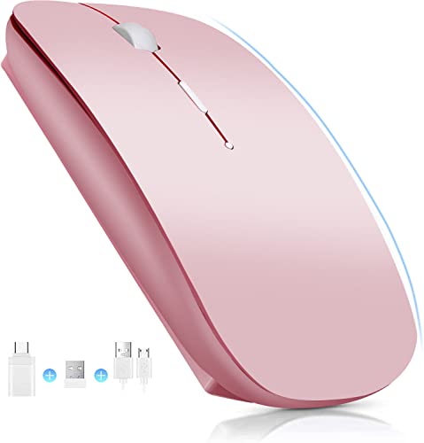 YOMYM Mouse Ratón óptico Inalámbrico Recargable 2.4 G, Silencioso Click con Receptor USB y Tipo-c Adaptador 3 Ajustable dpi Ratón para Computadora, Ideal para Ordenadores portátiles, PCs, Rosa