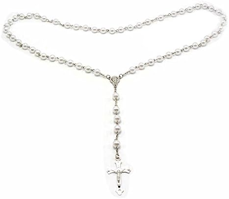 Liankee Glass Rosary Beads Cross Drop Imitated Pearl Jewelry Pendant Long Chain Necklace
