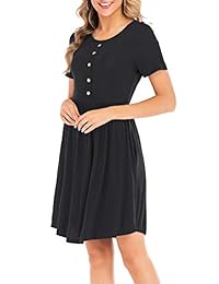 GULE GULE Mujer Verano Casual Manga corta Cuello redondo Camiseta Vestidos sueltos con bolsillos, Botones decorativos