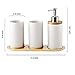 JIWEIMO 4 Piece Ceramic Bathroom Accessories Set ，Includes: Soap Dispenser Pump, Toothbrush Holder, Tumbler and Wooden Tray. Version 2.0