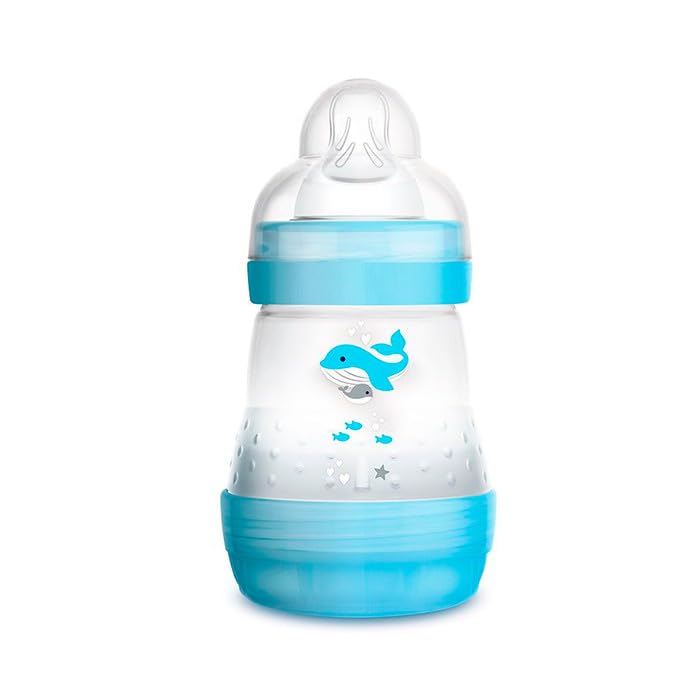 MAM Easy Start Anti-Colic Bottle A117, Patented Anti-Colic Bottle with Teat 1 Made of SkinsofTM Ultra Soft Silicone, for Babies from 0 Months, 160 ml, Blue, Self-Sterilising in 3 Minutes