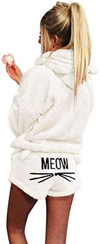 SEENFUN Women’s Pajamas Cozy Sleepwear Fleece Meow Embroidered Hoodie Pj Set