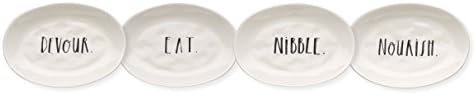 Rae Dunn Magenta Boutique Stem Print Set 4 Oval Plates Devour Eat Nibble Nourish