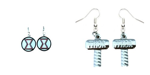 White and Red Black Widow Logo and Thor Hammer Dangle Earrings w/Gift Box