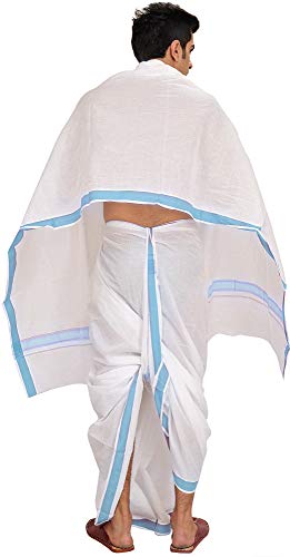 Exotic India White Dhoti and Angavastram Set with Woven Border - Color Air Blue - Thumbnail 2