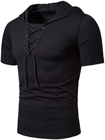 Hooded Short Sleeve Top for Men丨Summer Newest Lace-up Collar Solid T Shirt丨Mens Loose Hoodie Tops Pullover Plus Size