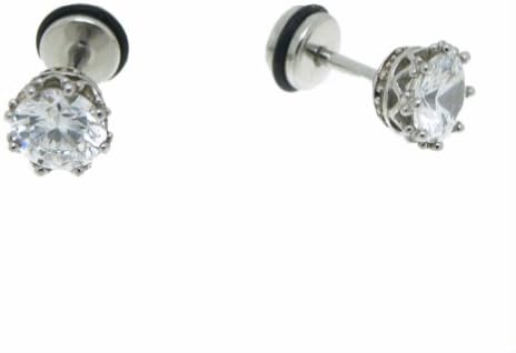SWEETIE 8 Jewelry WHITE Crown Setting Mens Unisex Stainless Steel CZ Stud Earrings , 2pc