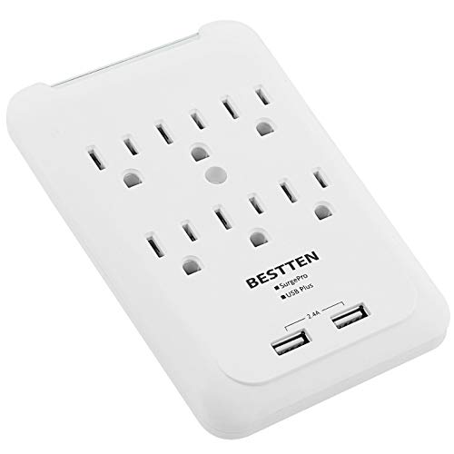 BESTTEN 6-Outlet Wall Mount Surge Protector with Dual USB Charging Ports (5V/2.4A), 15A/125V/1875W, ETL Certified, White