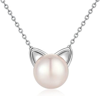 Nuwastone Sterling Silver Cat Necklace Freshwater Cultured Pearl Cat Collarbone Charm Necklace