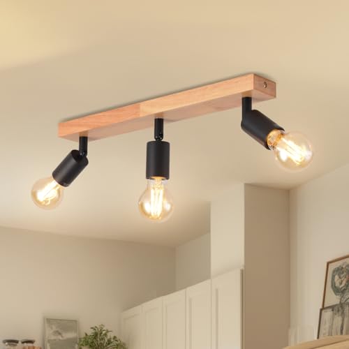 LVWIT LED Spotlights Indoor Wooden Ceiling, Ceiling Lamps with 3 Bases, Ceiling Spotlights with E27, Adjustable Black Ceiling Lamp, Indoor LED Spotlight for Living Room, Bedroom, Kitchen, Hallway (without Bulb)