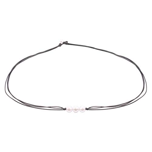 Pearl Necklace,Haluoo Single Cultured Freshwater Pearl Choker Necklace for Women Minimalist Handmade Black Leather Rope Pearl Necklace for Girls Fashion Jewelry (Three Beads)