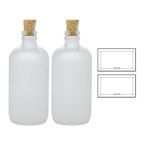 8 oz Frosted Clear Glass Boston Round Bottle with Cork Stopper Closure (2 Pack) + Labels