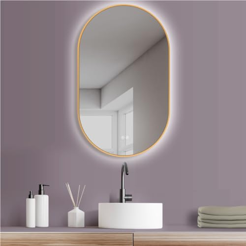 HOKO® Anti-fog LED Oval Mirror 50 x 90 / 90 x 50 cm with Gold Metal Frame. Vertical/Horizontal Mounting. Bathroom Mirror+Touch Switch+Hot/Cold/Neutral Light Change 2700-6500K