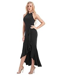 ANGGREK Vestido largo formal de noche para mujer, cuello halter, con volantes, para cóctel