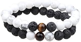 Distance Bracelets Yin Yang Balance  for Lovers-2pcs Black Lava Rock &amp; White Howlite 8mm Beads by TSK